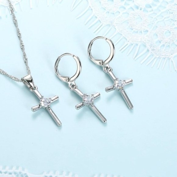 925 Sterling Silver Cross Necklace and Earrings Set Adorable Gift Ensemble - Picture 2 of 7